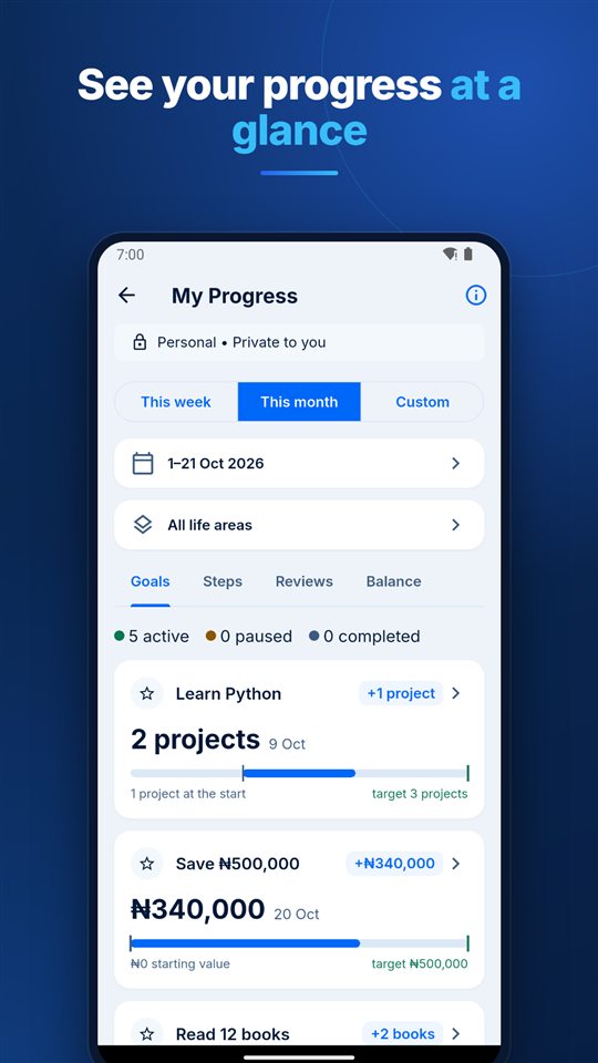 My Progress in the Andystrategy app: each goal with its progress bar and target